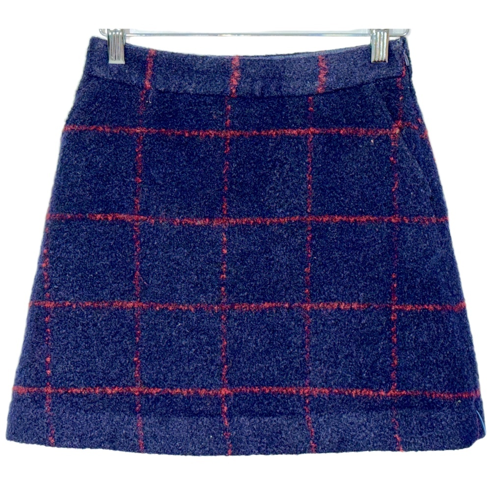 Abercrombie & Fitch Navy Blue Red Plaid Tweed Pockets A-Line Mini Skirt Size 24